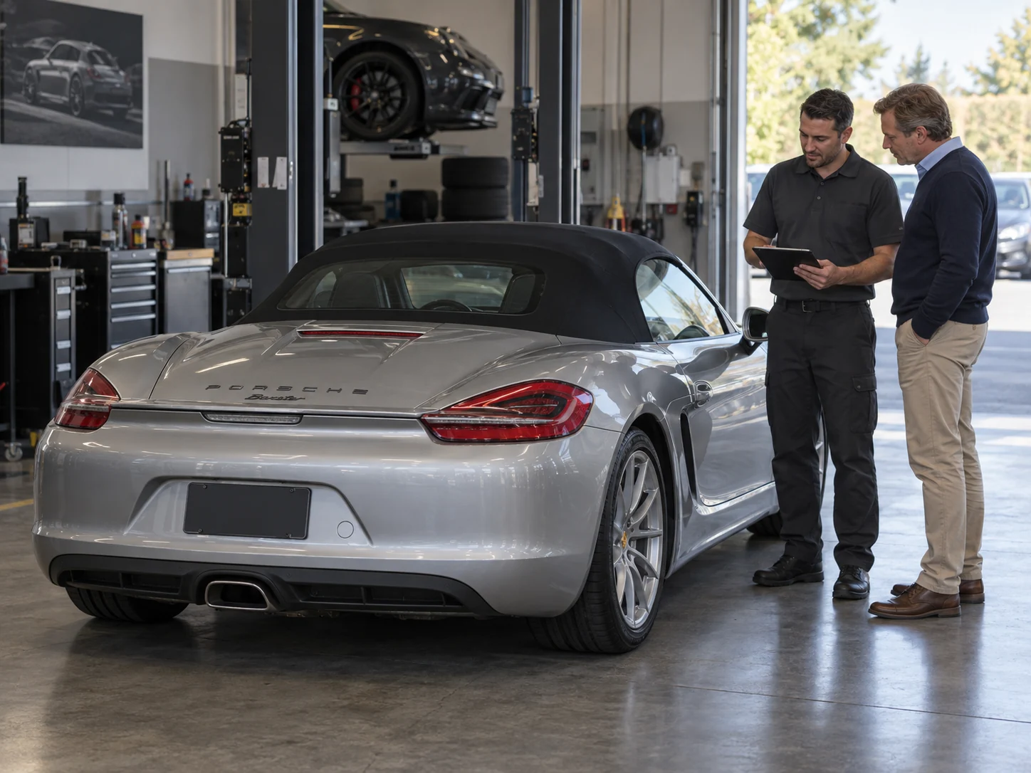 Advisor reviewing work beside a silver Boxster at handover