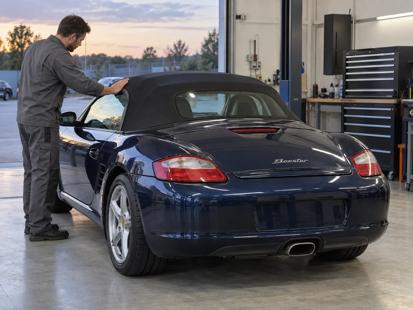 Final roof and side-window fit check on a blue Porsche Boxster