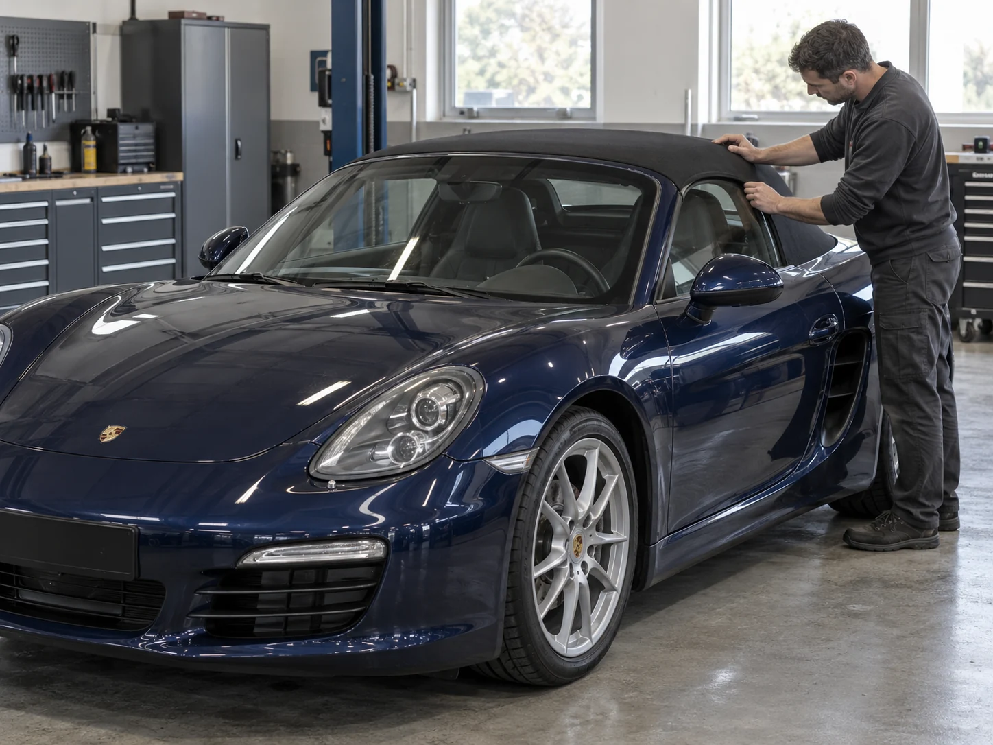 Technician examining the soft-top fit on a blue Porsche Boxster