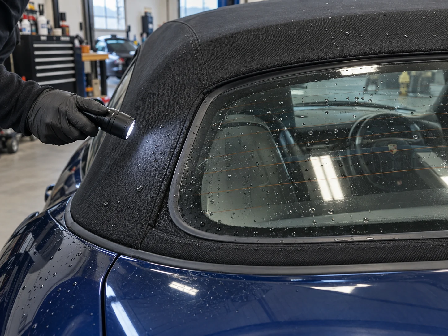 Inspection of a Boxster rear-window edge and roof fabric after a water check