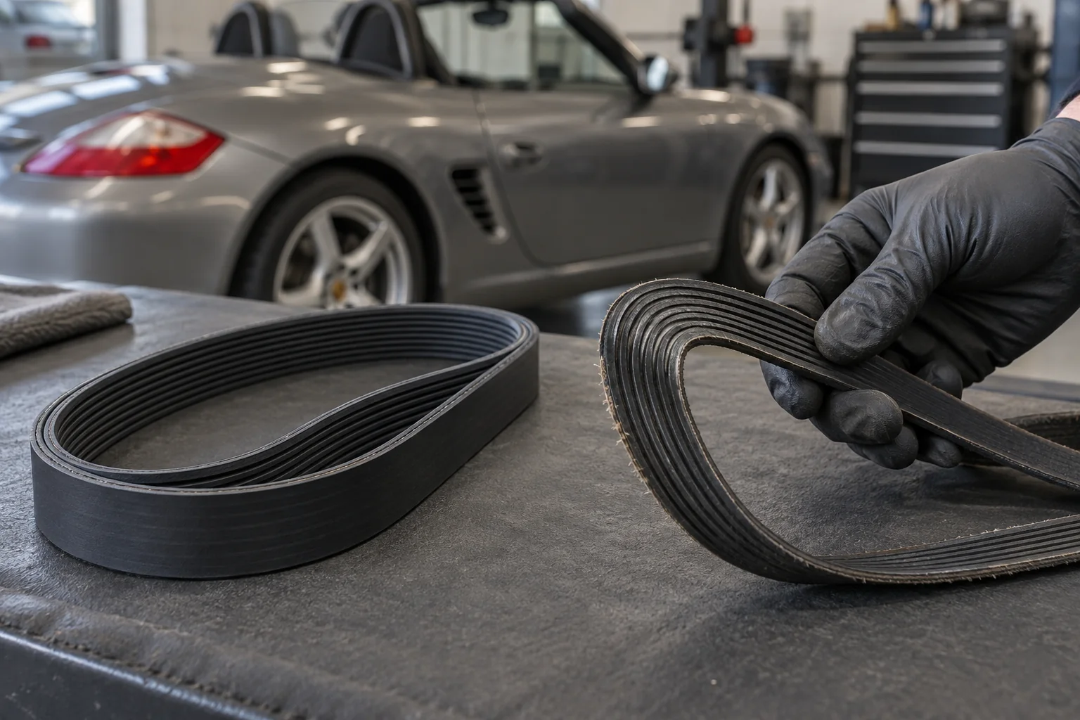 New and worn multi-rib accessory belts on a workshop bench