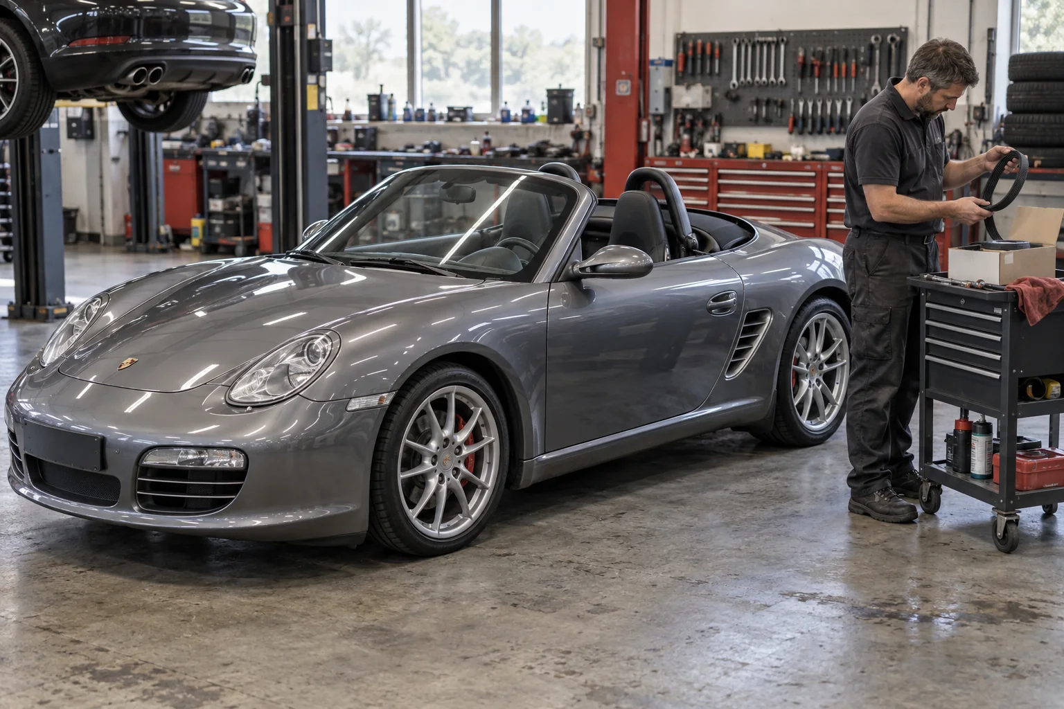 Grey Boxster beside a technician comparing an accessory belt