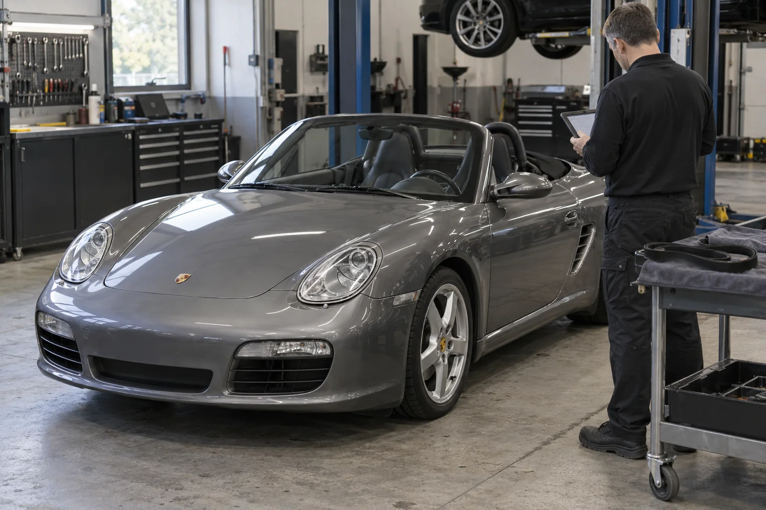 Grey Boxster with a technician reviewing service details