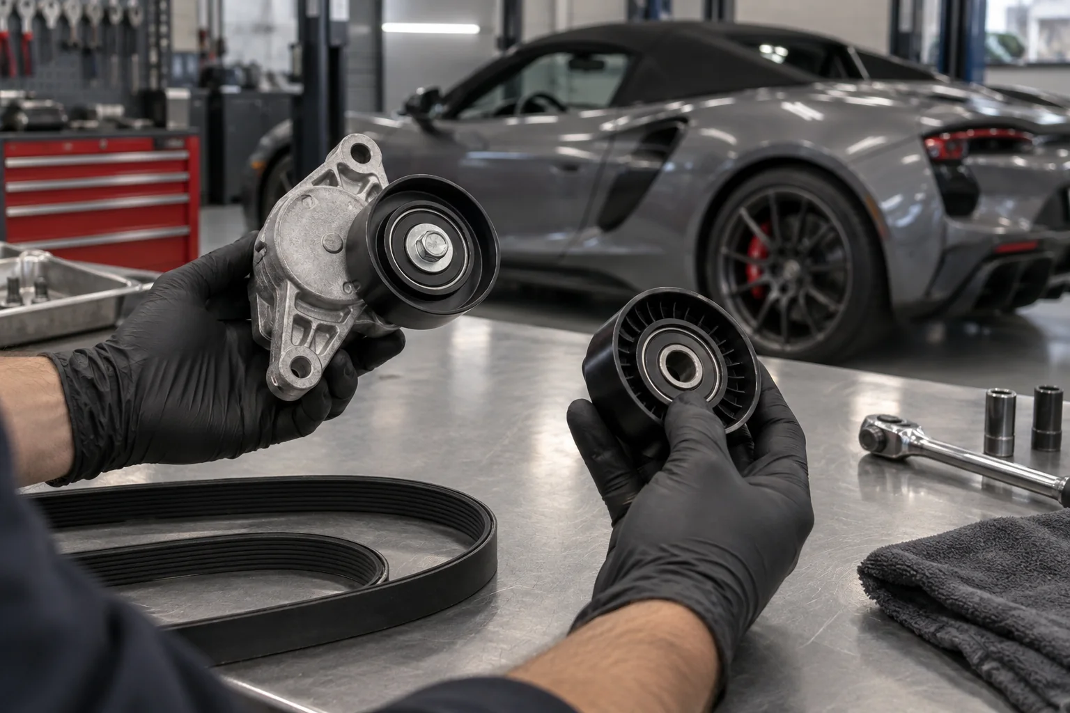 Accessory belt tensioner and idler pulley being checked on a bench