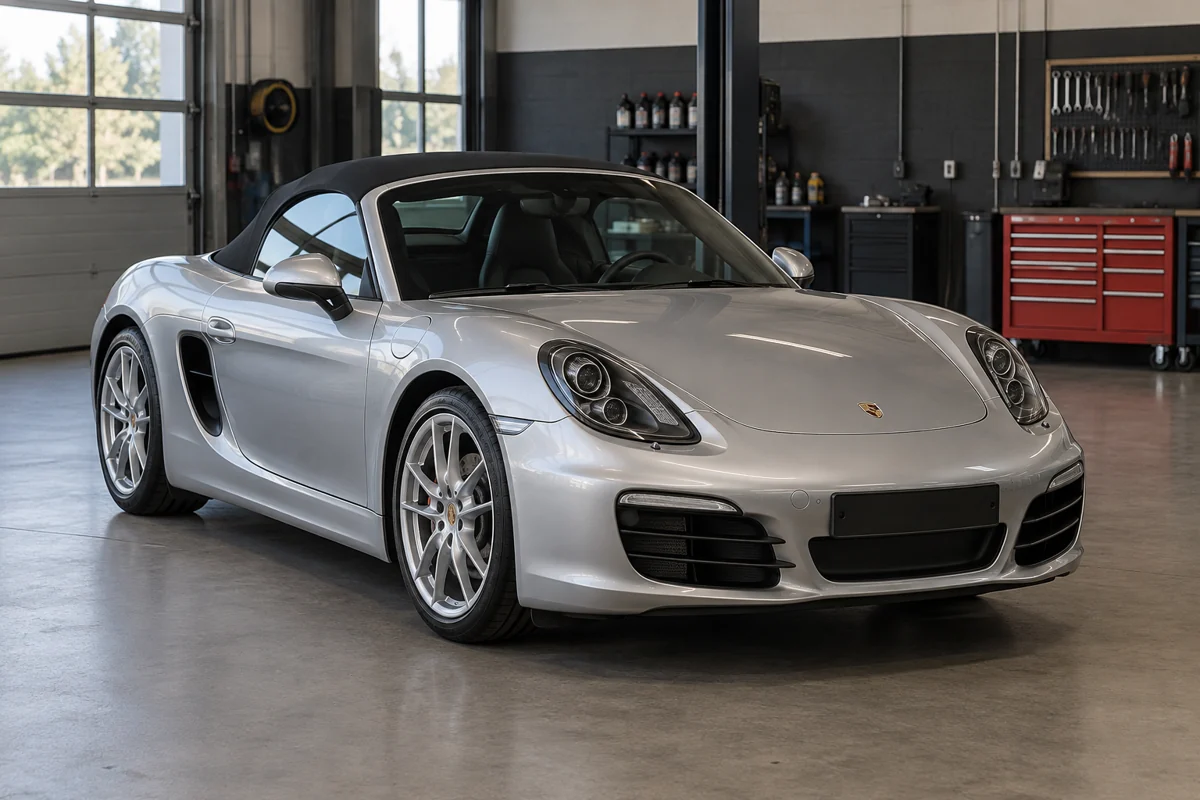 Silver Porsche Boxster with its fabric roof closed in a workshop