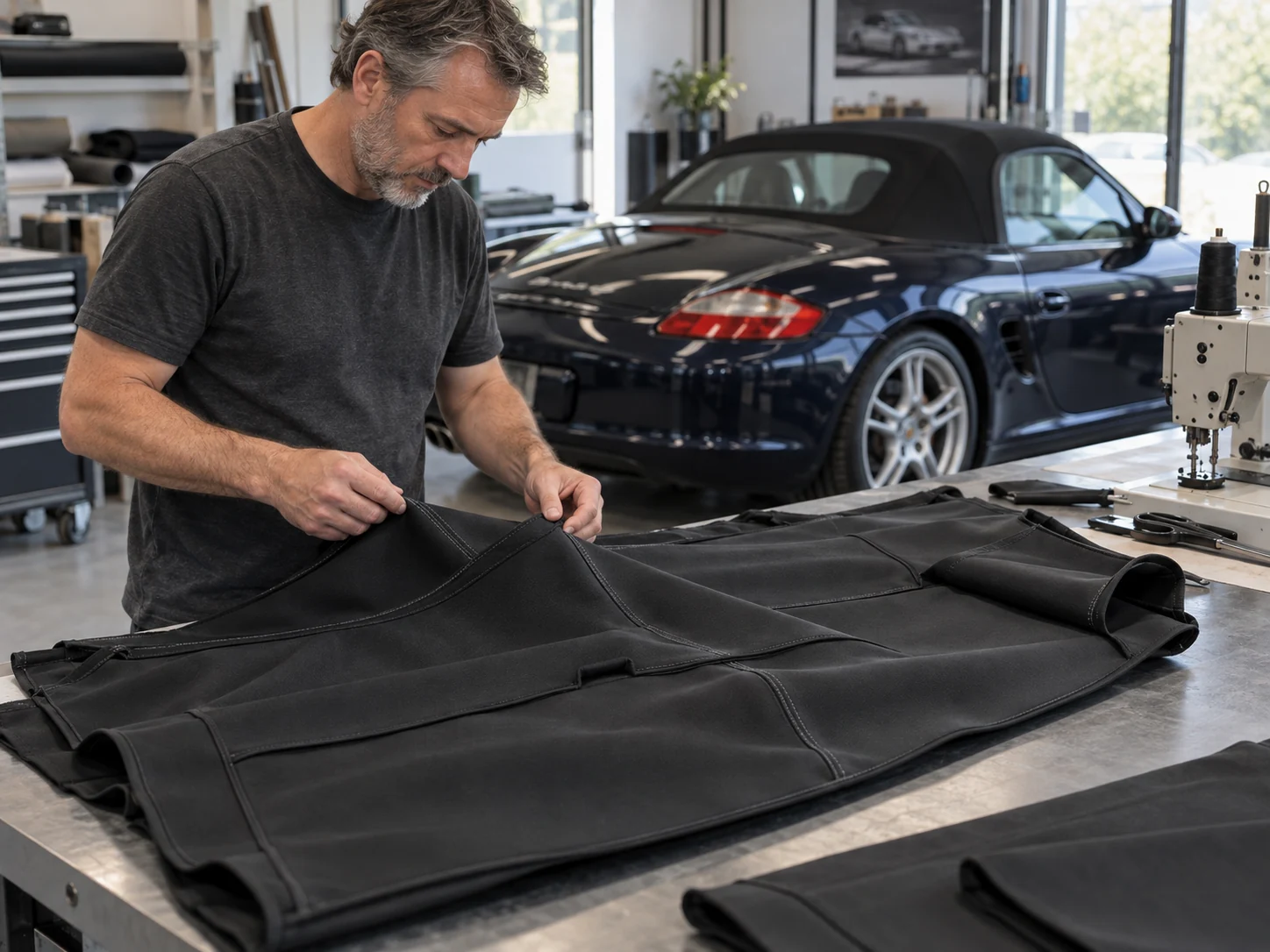 Trimmer checking seams in black replacement soft-top fabric