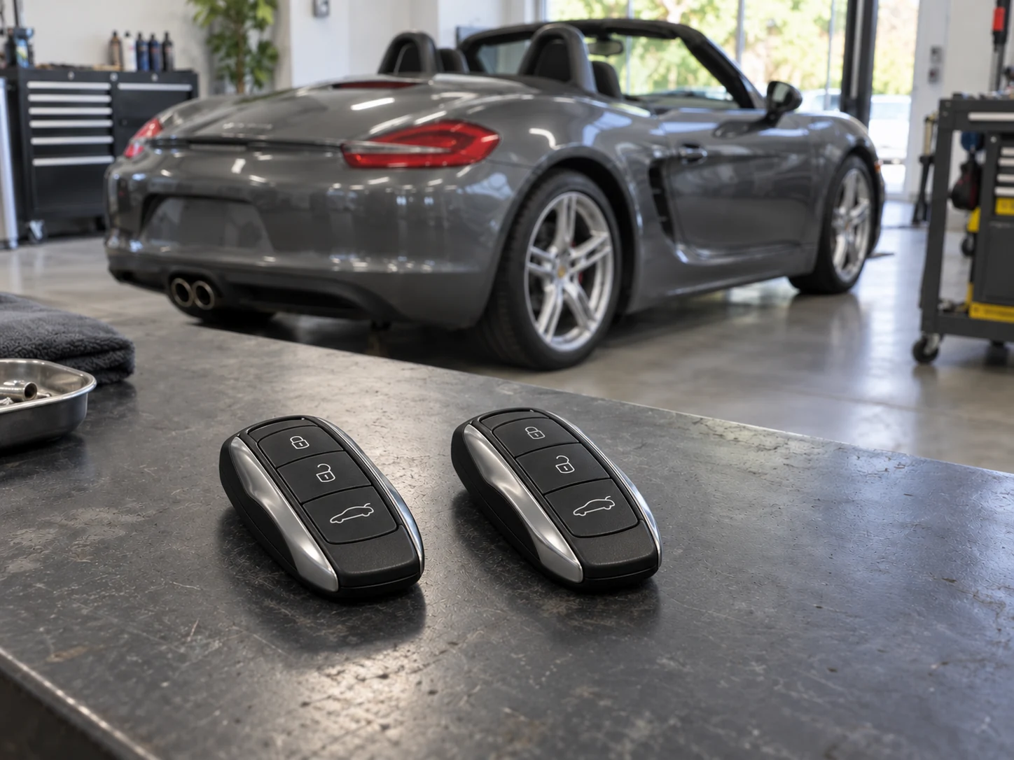 Two remote keys on a workbench with a grey Boxster in the background