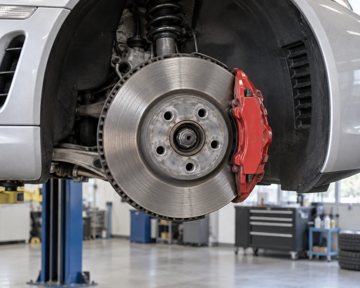 Steel brake disc and red fixed caliper visible with the wheel removed