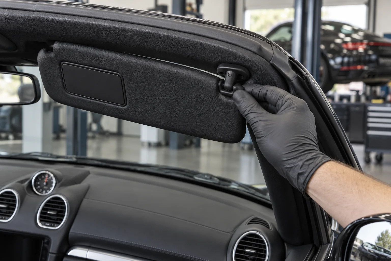 Sun visor pivot and mounting point being checked in a black Boxster interior