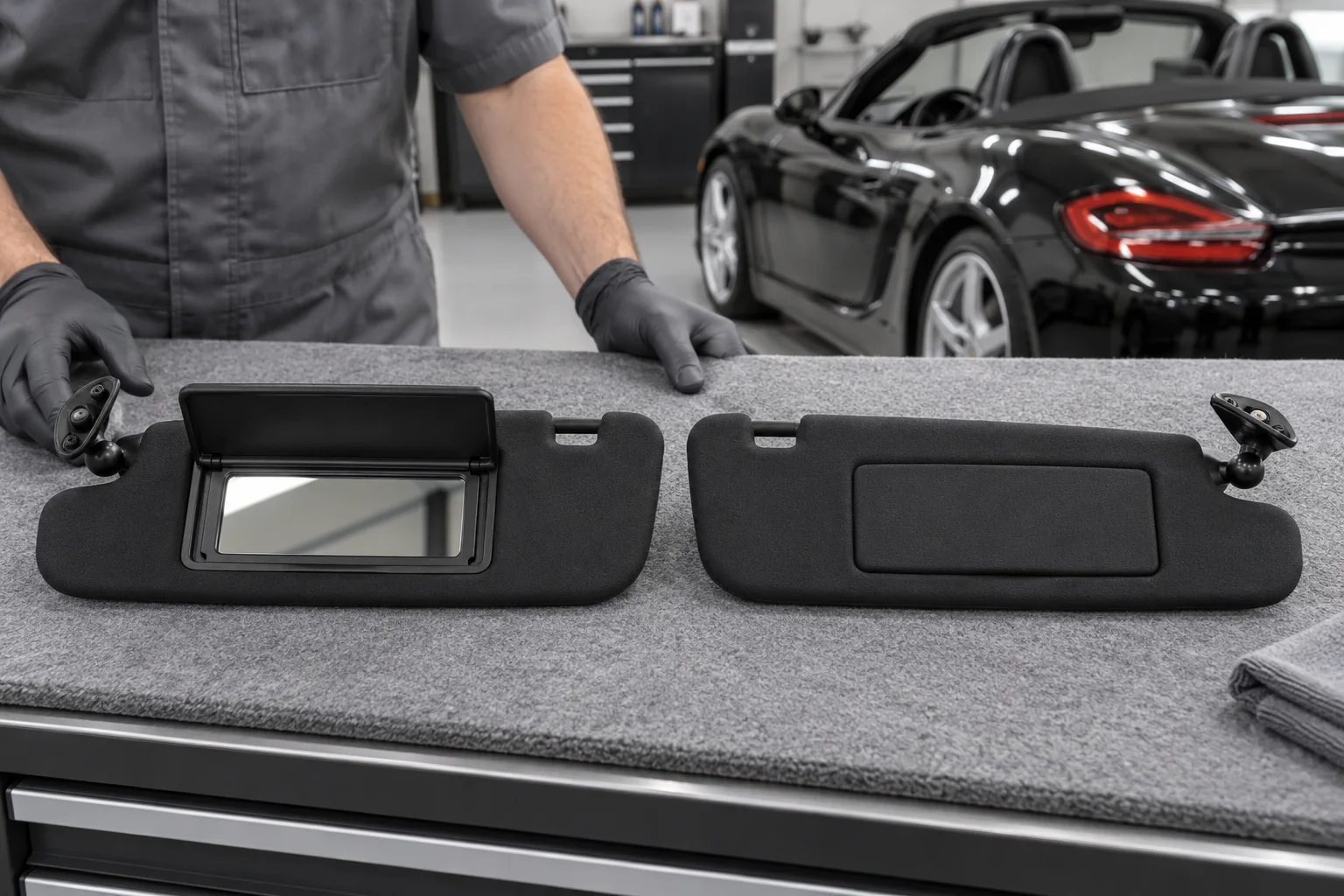 Left and right black sun visors with vanity mirror and cover on a workshop bench