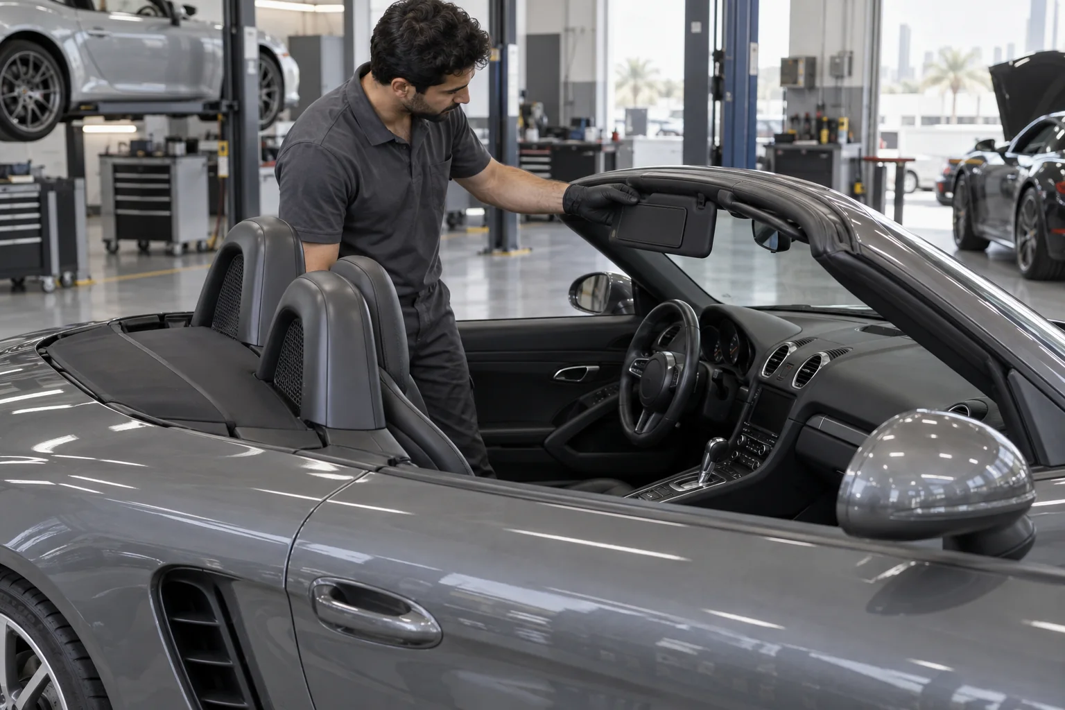 Technician checking a lowered sun visor on a grey Boxster