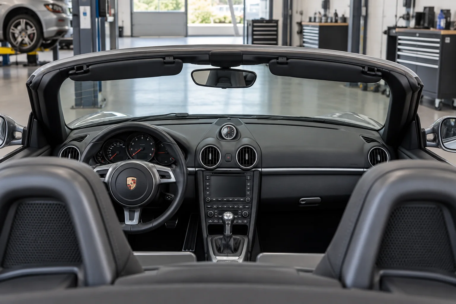 Two sun visors folded into their stowed positions in a Boxster cabin