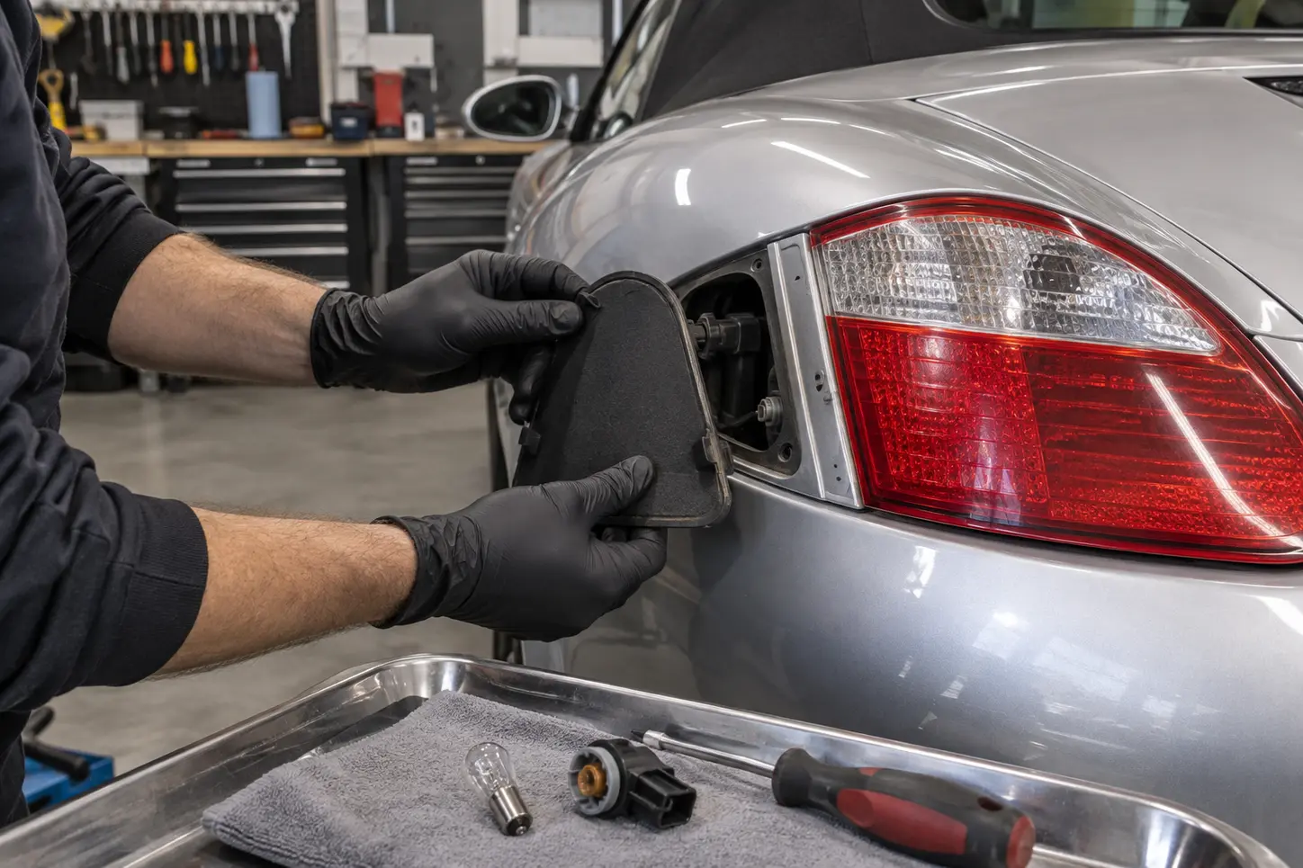 Technician accessing a replaceable Boxster rear-light bulb and holder