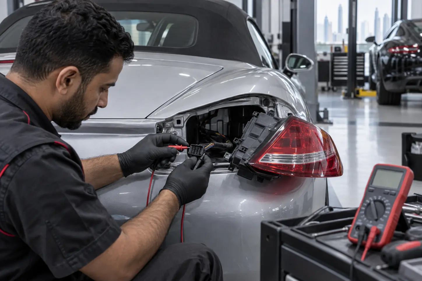 Automotive electrician testing a Boxster rear-light connector