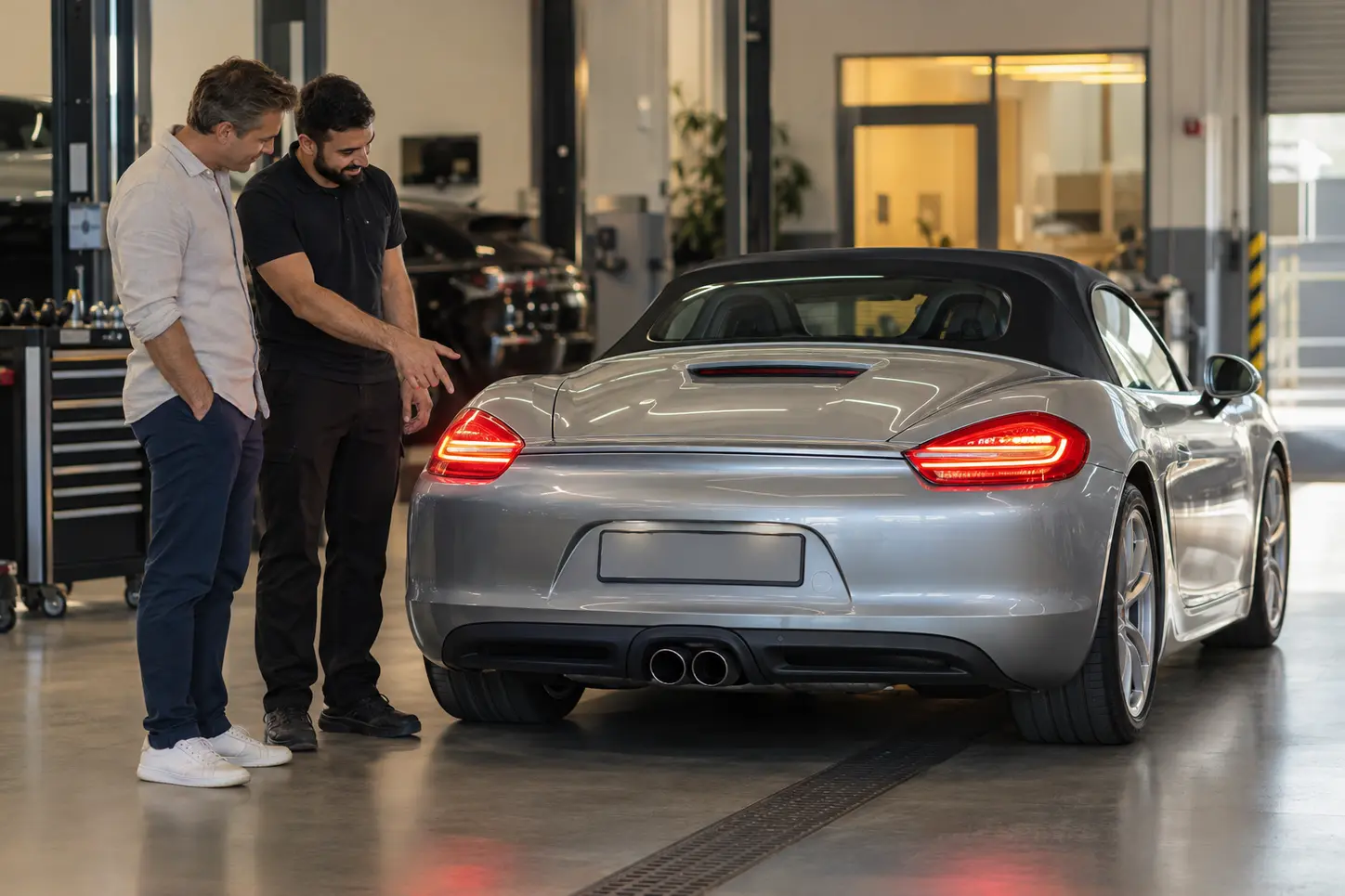 Boxster rear lights illuminated during a workshop handover check