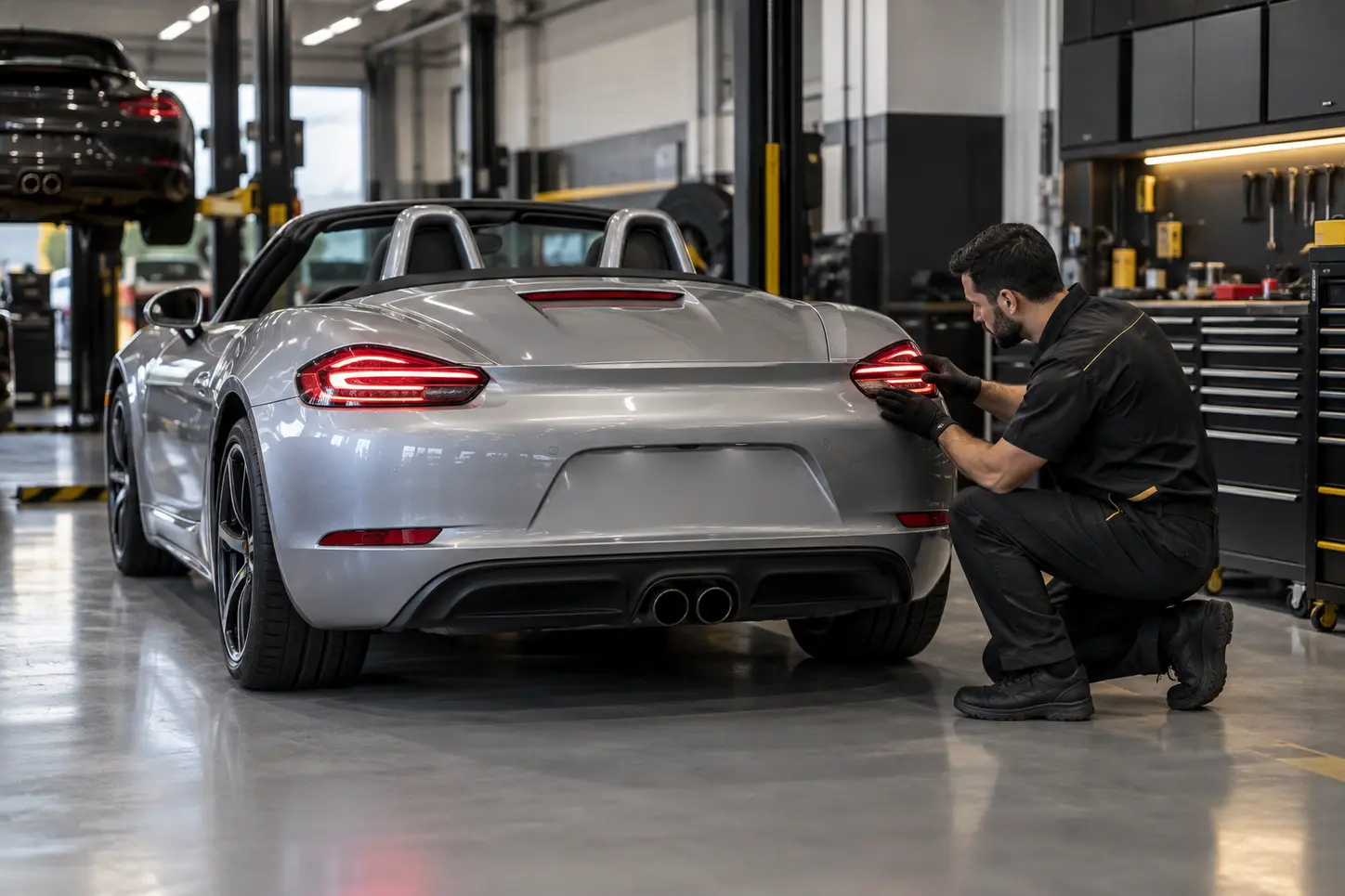 Silver Porsche Boxster rear lights being checked in an independent workshop