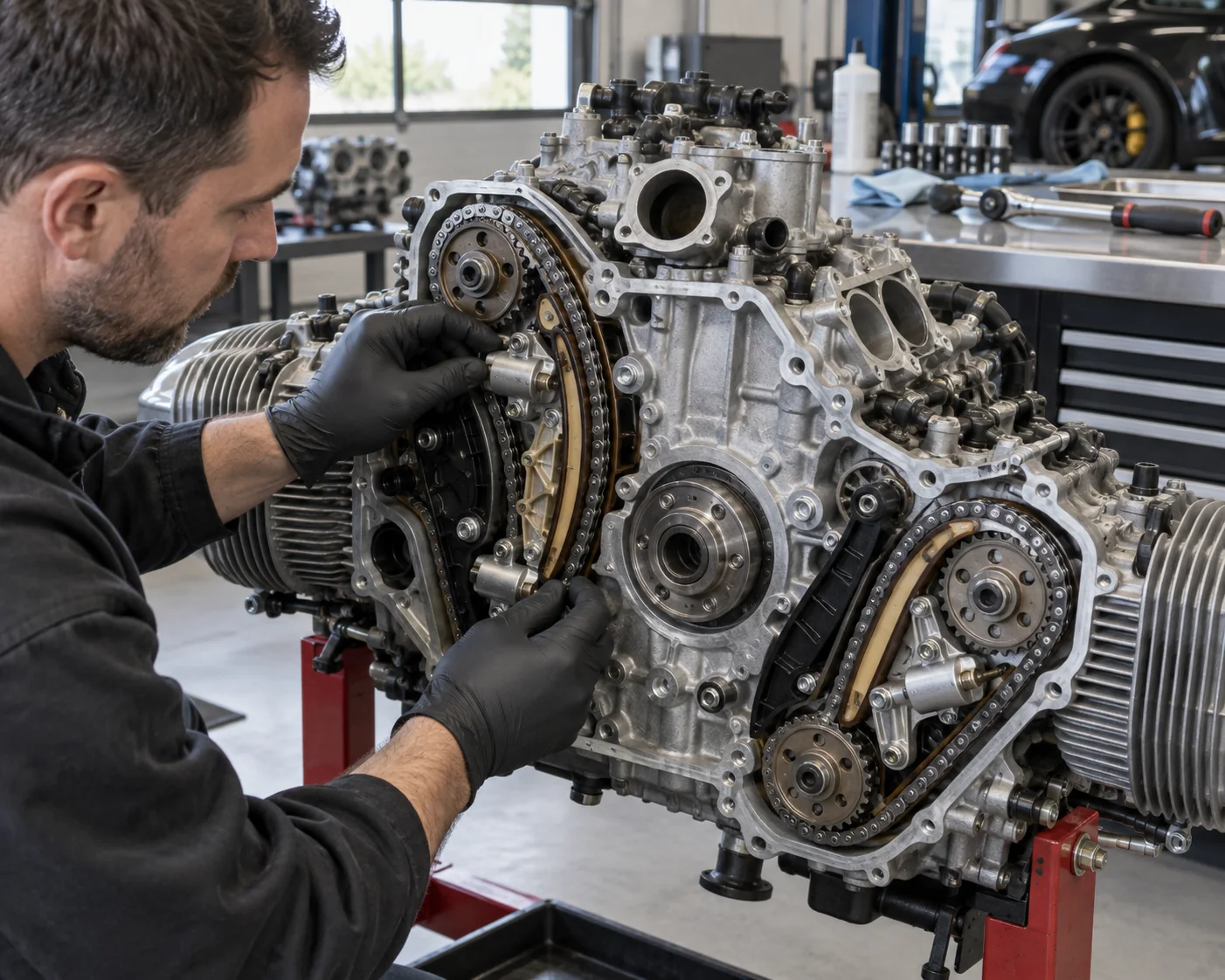 Technician inspecting timing chains and guide rails on a flat-six engine