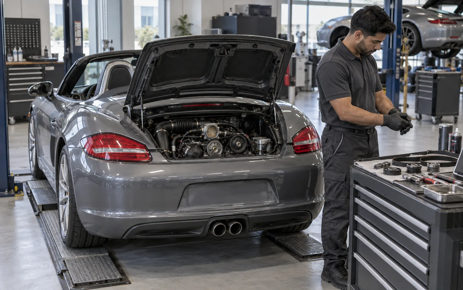 Grey Porsche Boxster prepared for timing-chain inspection in a Dubai workshop