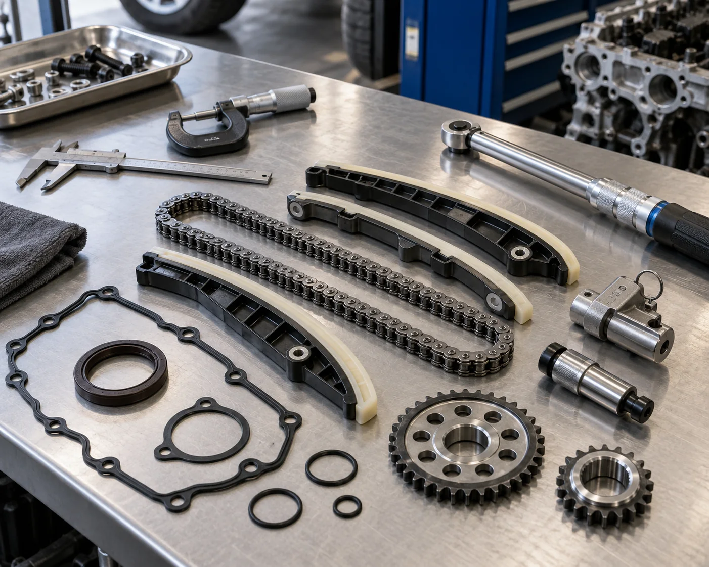 Timing chain, guide, tensioner and sealing components on a workshop bench