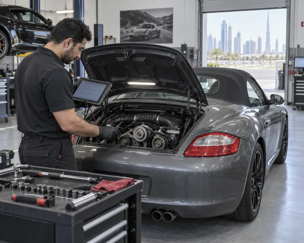 Technician checking Porsche Boxster engine timing with diagnostic equipment