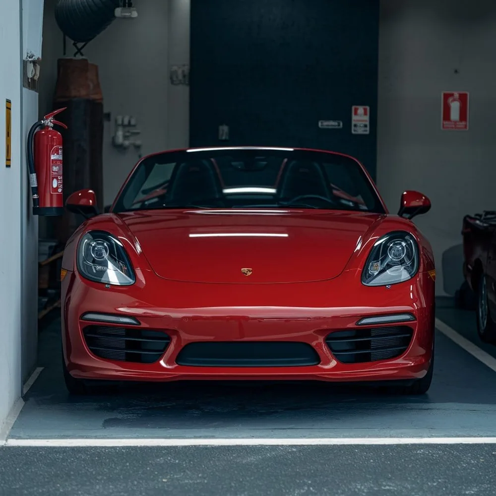 Red Porsche Boxster in a workshop bay