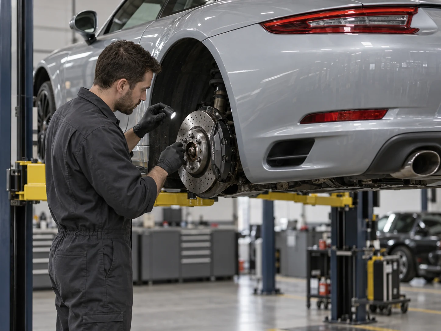 Technician inspecting a Carrera rear brake disc with the wheel removed