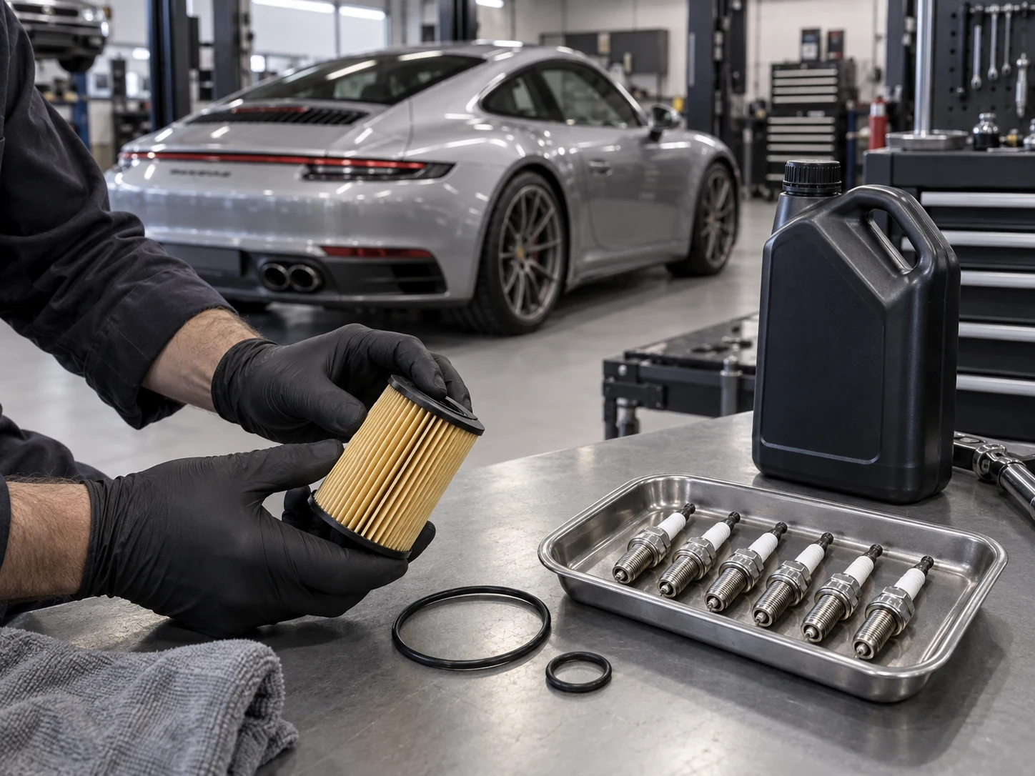 Technician holding a Carrera oil filter beside service parts