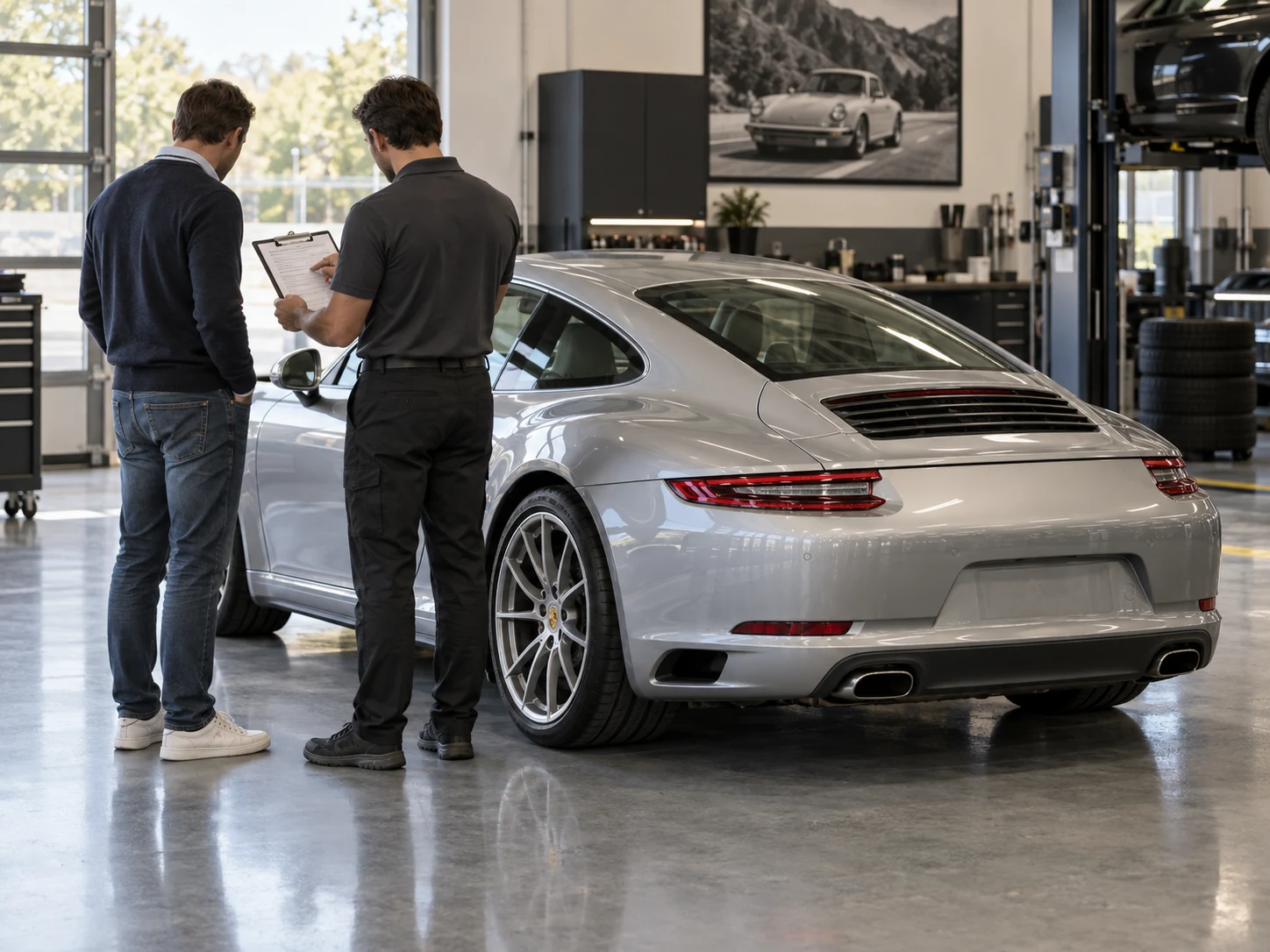 Service advisor reviewing an invoice beside a Carrera at handover