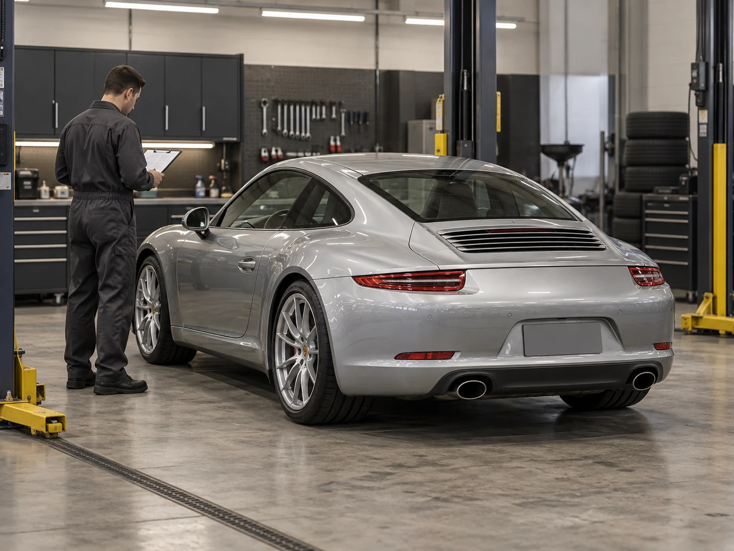 Silver Porsche 911 Carrera in a service bay