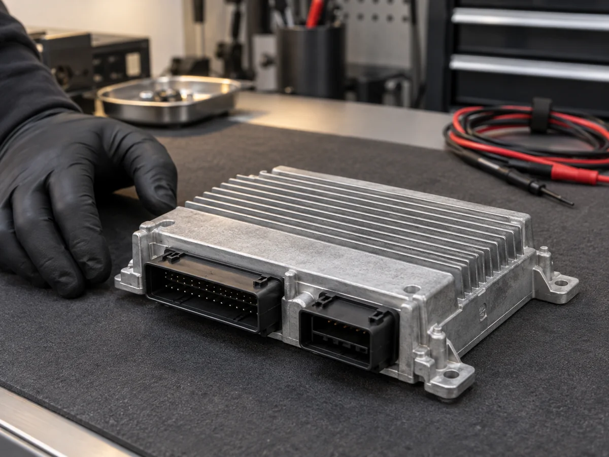 Automotive amplifier with aluminium cooling fins and wiring connectors