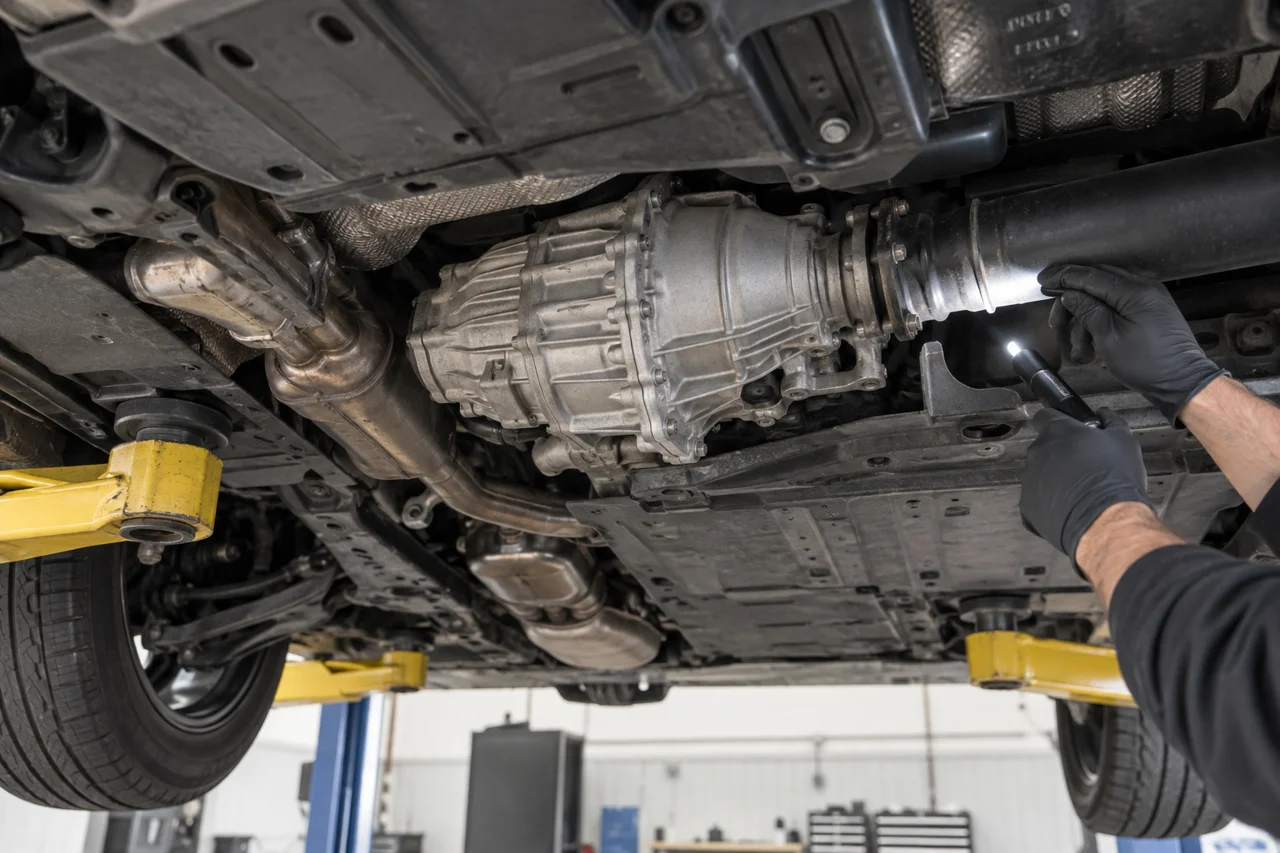 Drivetrain housing and shaft connection being inspected during Cayenne service