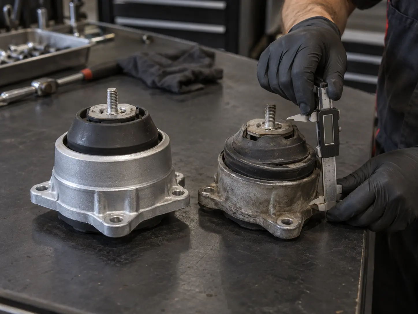 New and worn Porsche Cayenne engine mounts compared on a workbench