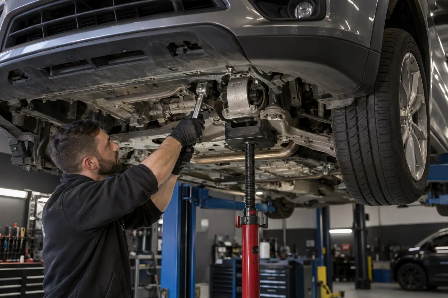 Technician working in the engine bay of a Porsche Cayenne