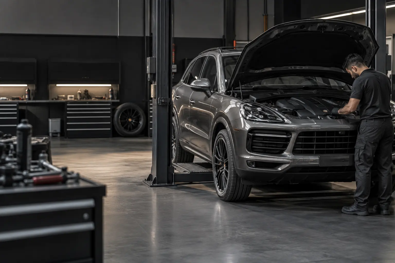 Grey Porsche Cayenne in a workshop for engine mount inspection