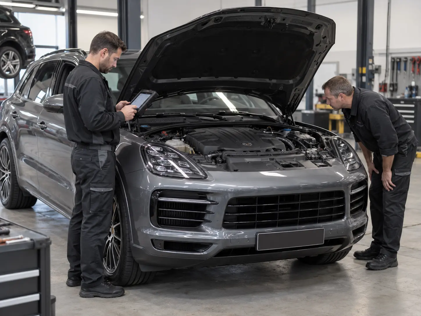 Technicians checking a grey Porsche Cayenne during an engine vibration inspection