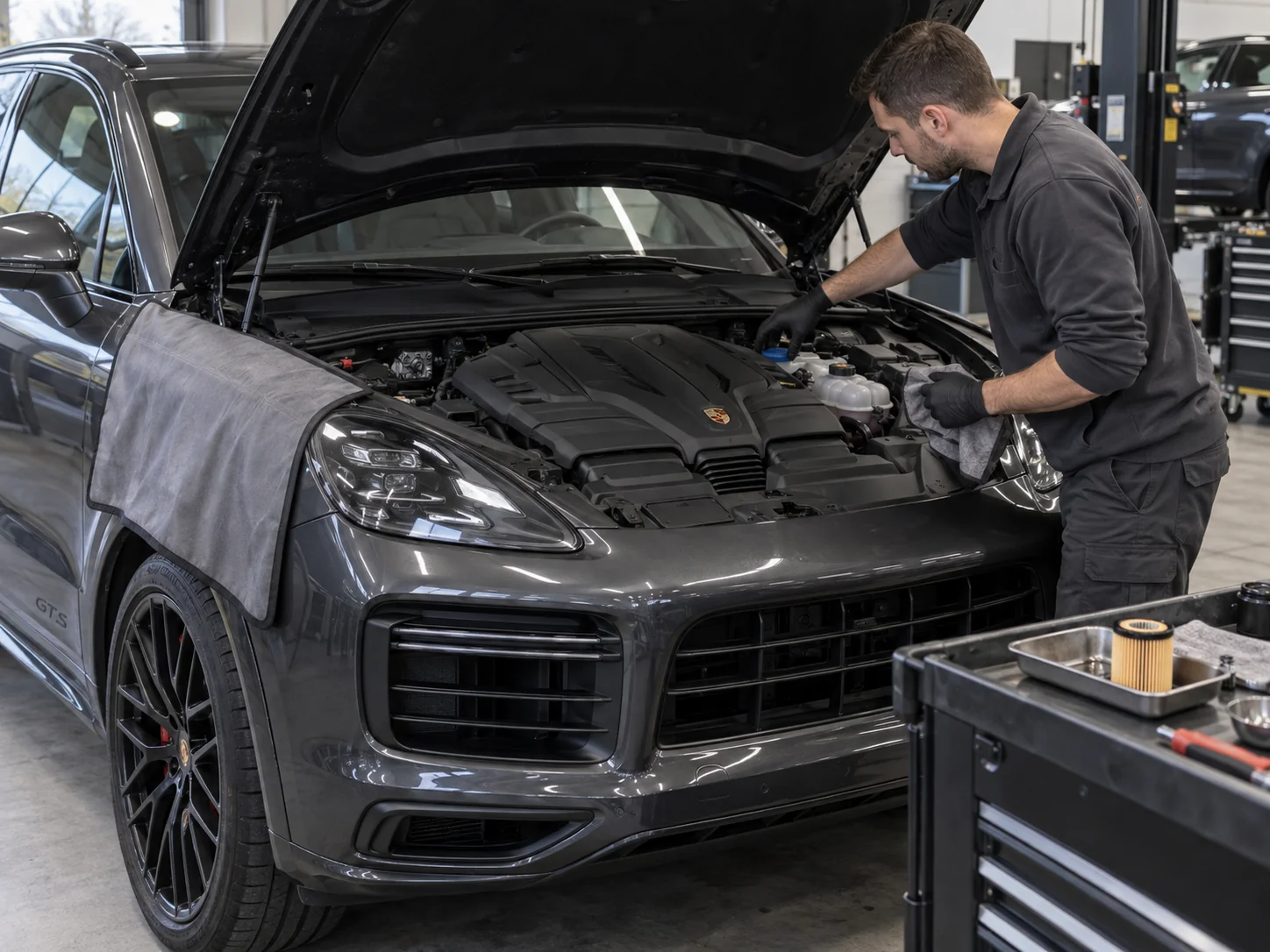Grey Porsche Cayenne GTS inside an independent repair workshop