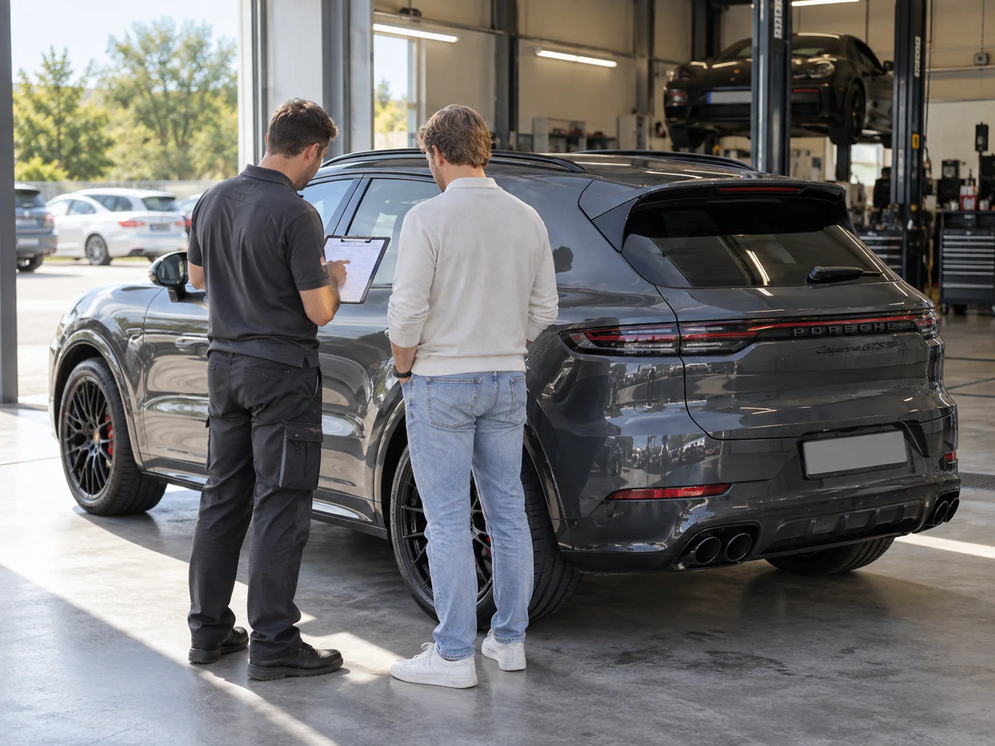 Service adviser reviewing a checklist beside a Cayenne GTS