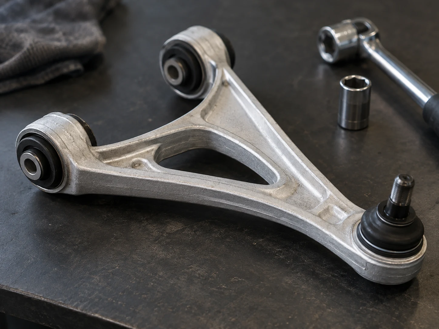 Lower control arm with two rubber bushes and a ball joint on a workbench