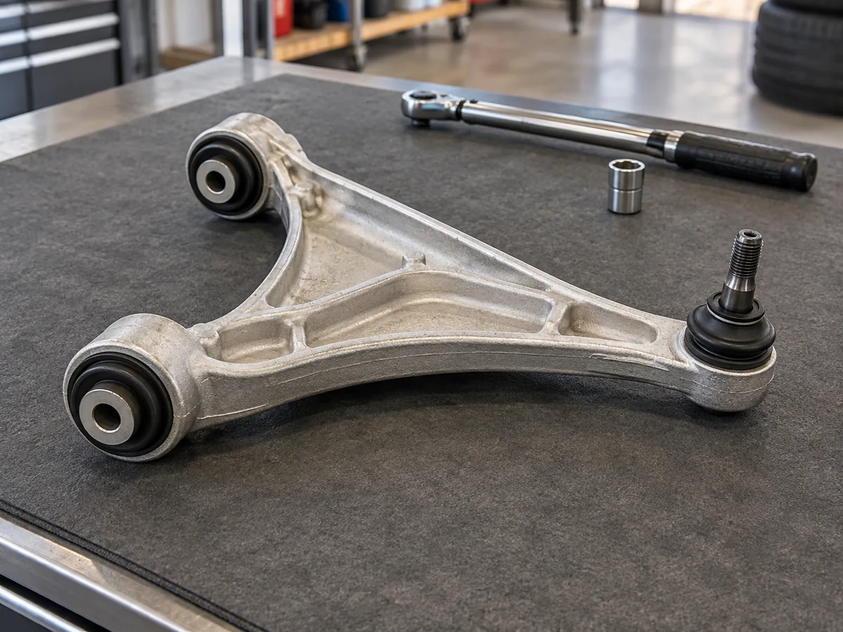 New aluminium suspension control arm with rubber bushings on a workbench