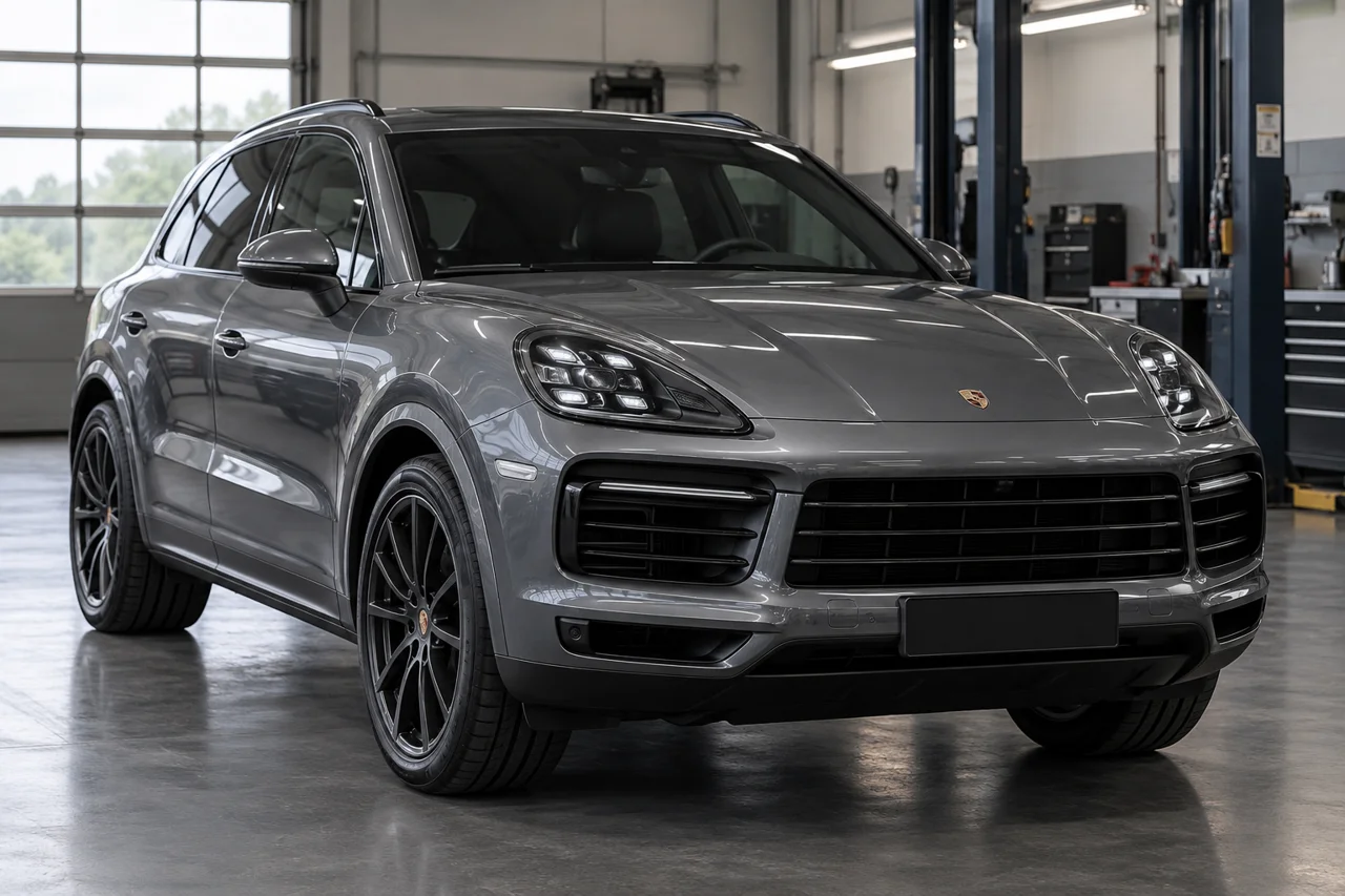 Grey Porsche Cayenne in a workshop for transfer-case service