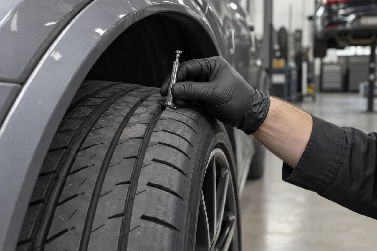 Tread-depth gauge checking a Porsche SUV tyre in a workshop
