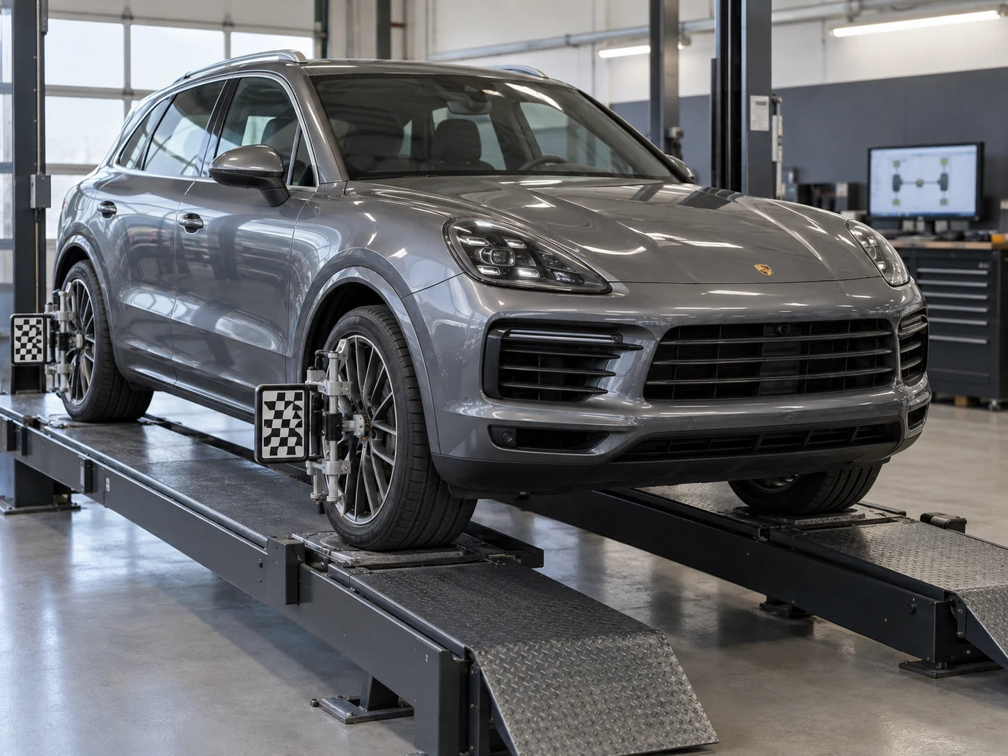 Grey Porsche SUV on an alignment rack with wheel-mounted targets