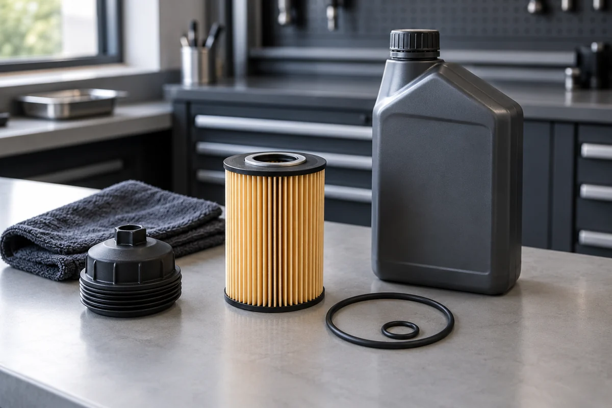 Engine oil filter, sealing rings and oil container on a clean workbench