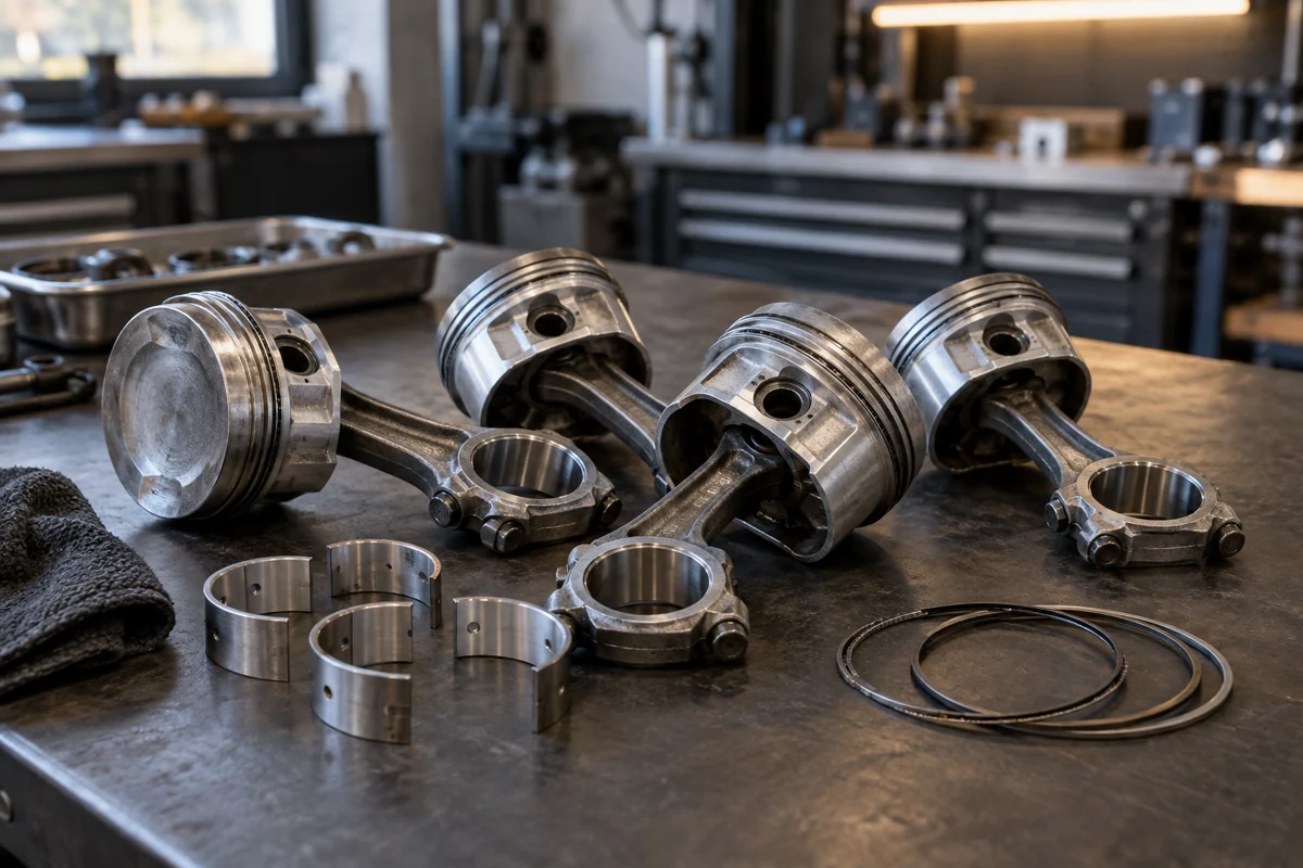 Illustration of pistons, connecting rods and bearing shells on a workbench