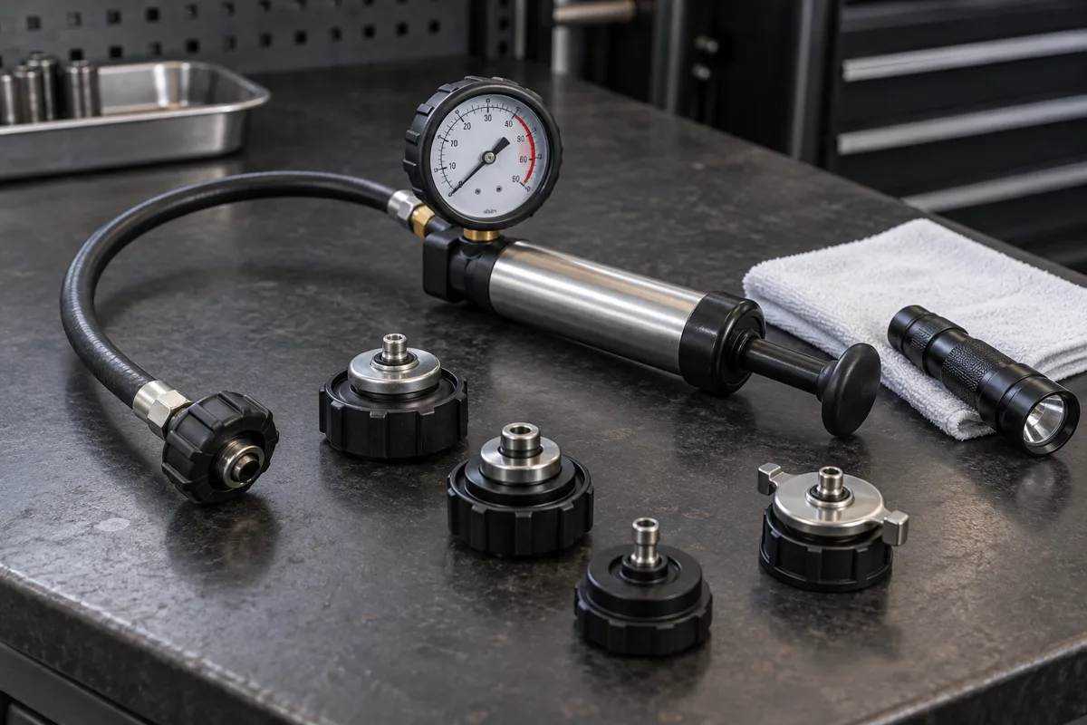 Cooling-system pressure tester and adapters on a workshop bench