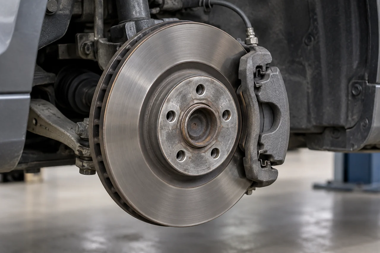 Brake disc and caliper exposed after the wheel is removed