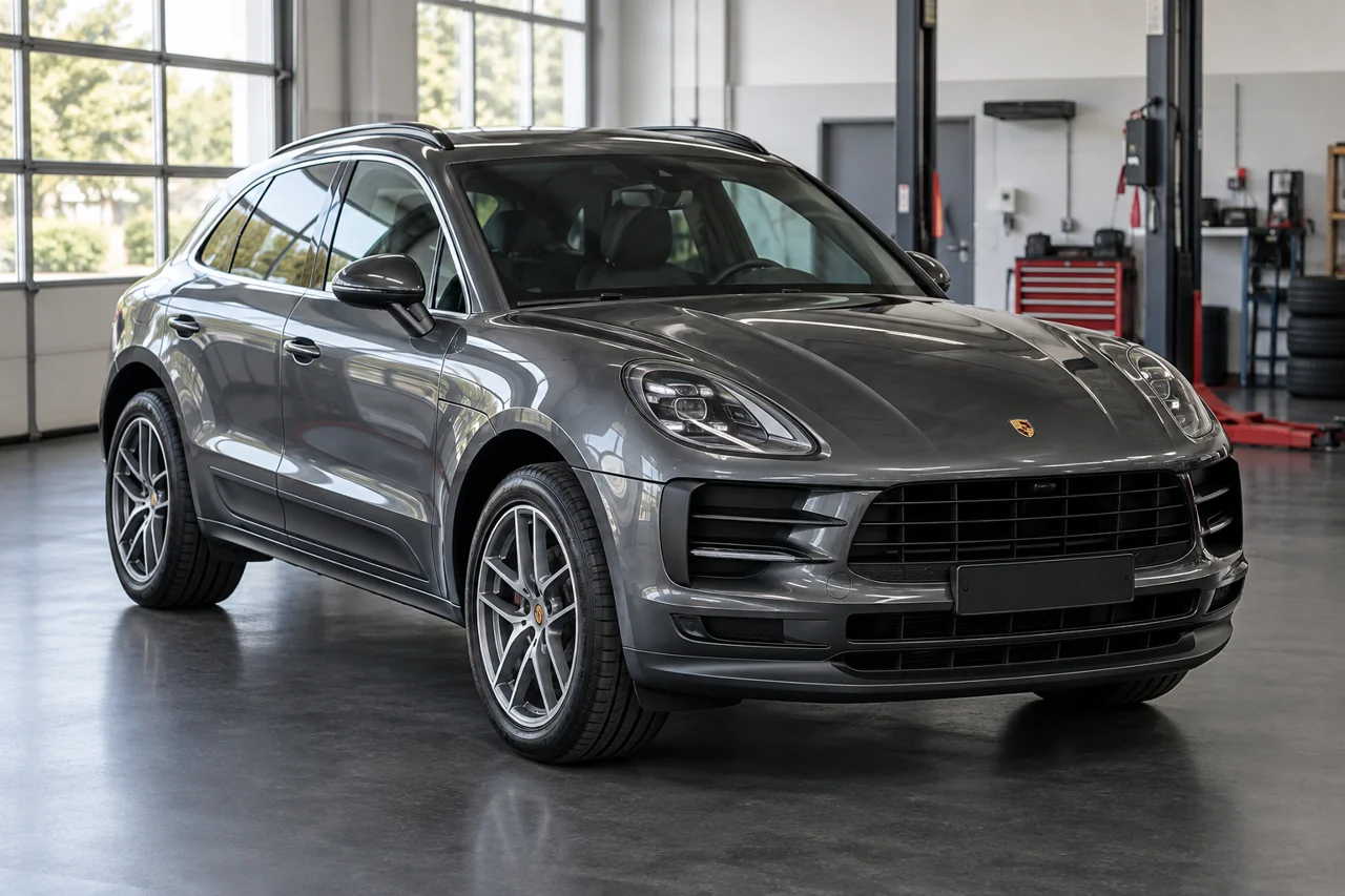 Grey Porsche Macan in a Dubai workshop for brake service