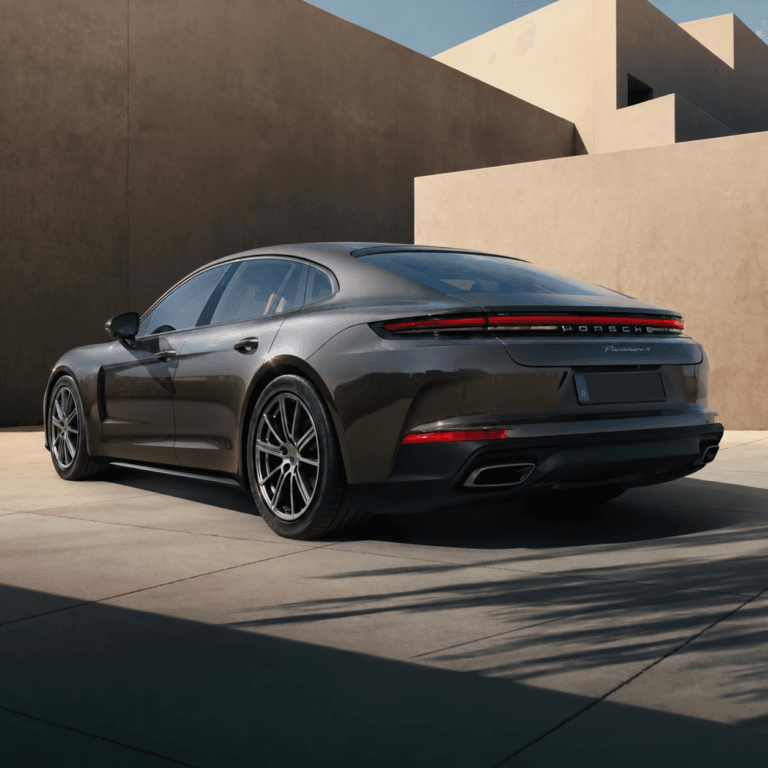 Rear view of a gray Porsche Panamera