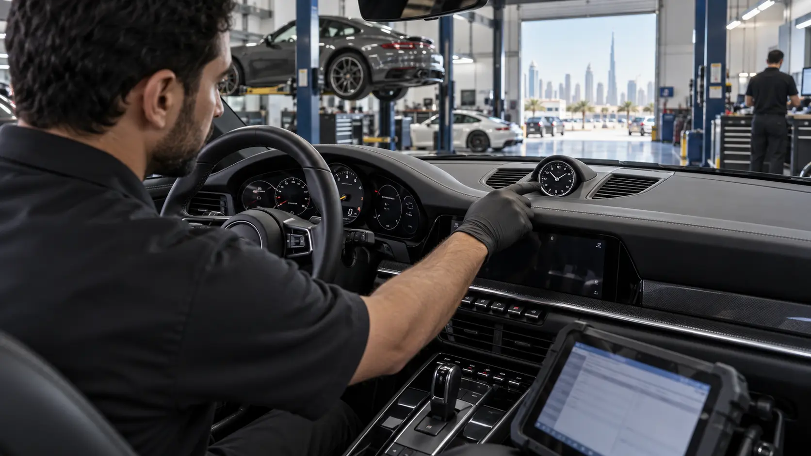Technician checking the repaired Porsche 911 dashboard clock
