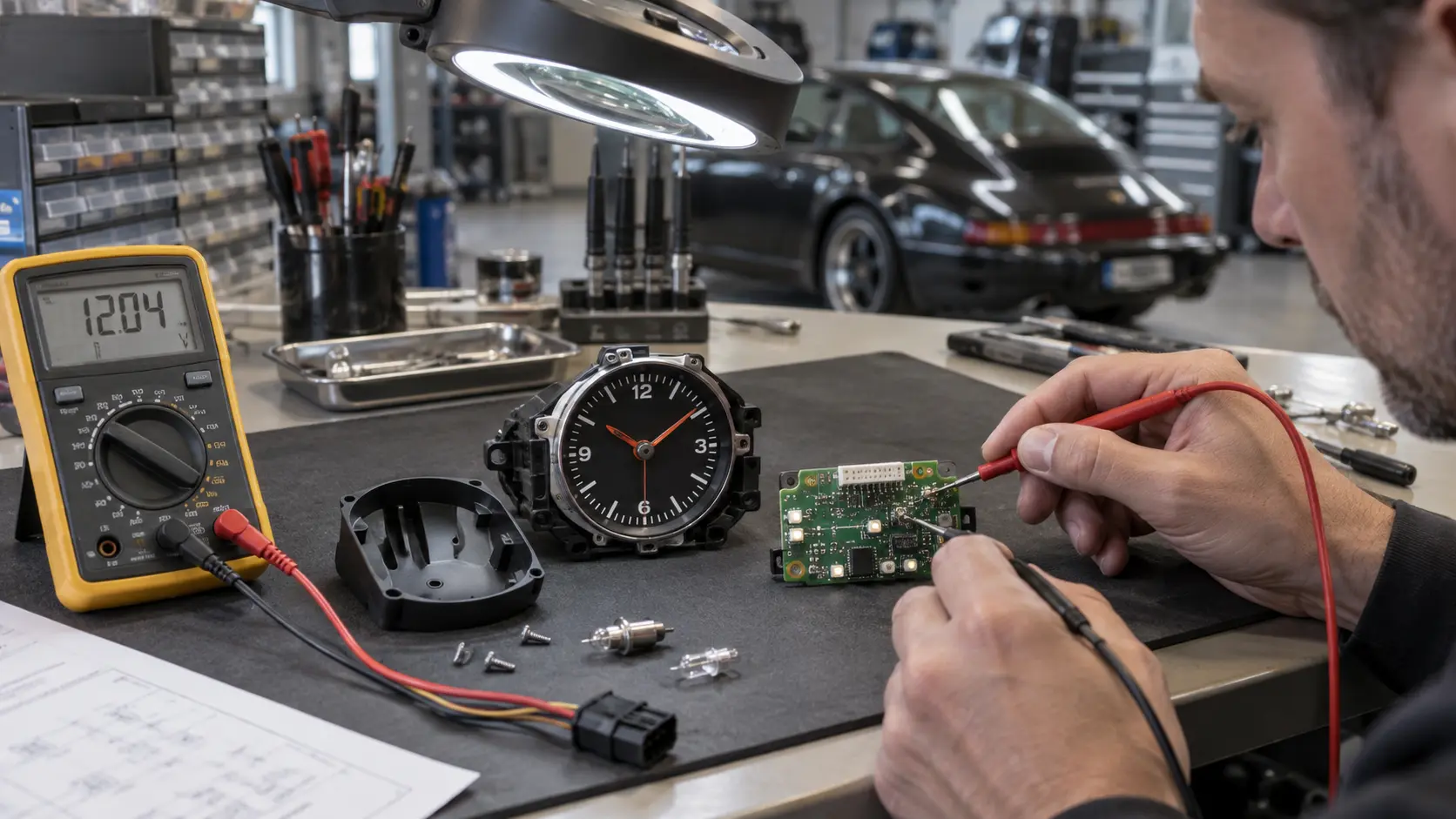 Porsche 911 clock module being tested on an electronics bench